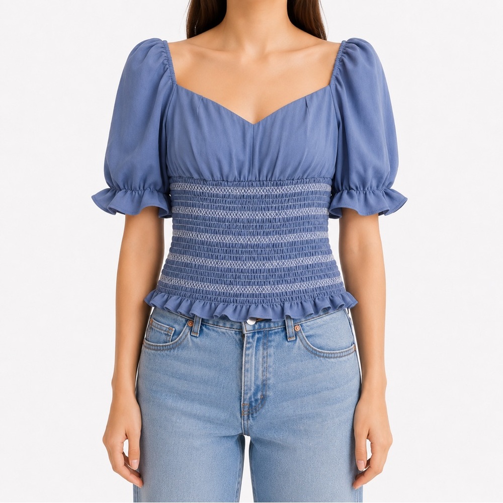 Petite Studio Smocked Puff-Sleeve Square Neck Top in Dusty Blue